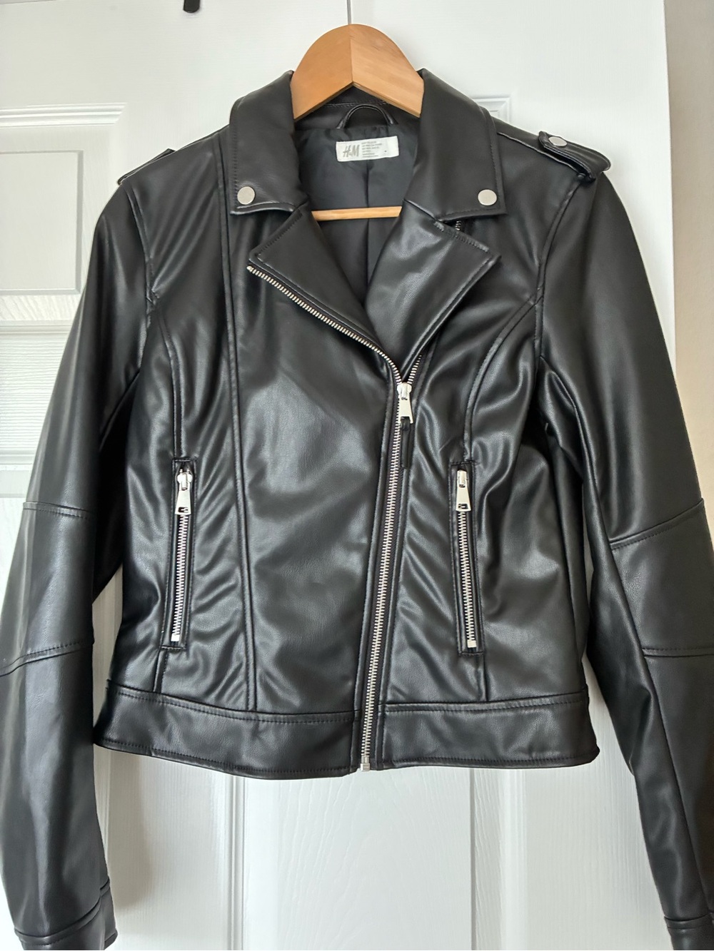 H&M Black Faux Leather Biker Jacket with Silver Hardware
